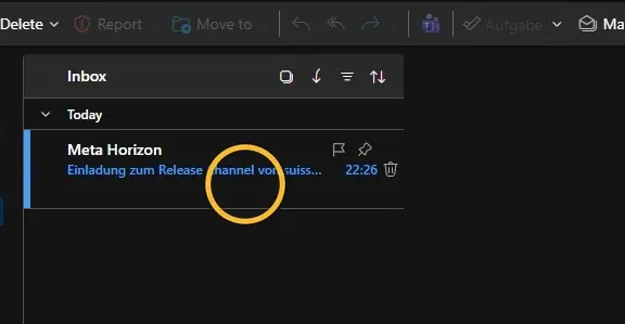 Posteingang mit der E-Mail von «Meta Horizon», Betreff «Einladung zum Release Channel von suissetec». Markiert: die E-Mail.