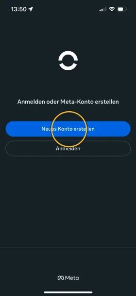 Meta Horizon App, Bildschirm «Anmelden oder Meta-Konto erstellen». Markiert: «Neues Konto erstellen».