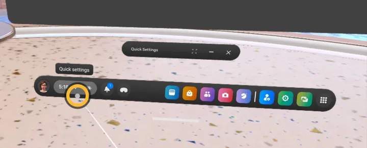 Systemmenü im VR-Headset. Markiert: die Anzeige mit Uhrzeit, WLAN und Akku, darüber der Hinweis «Quick settings».