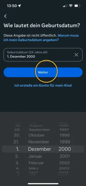 Eingabe des Geburtsdatums mit einer Datumsauswahl. Markiert: «Weiter».