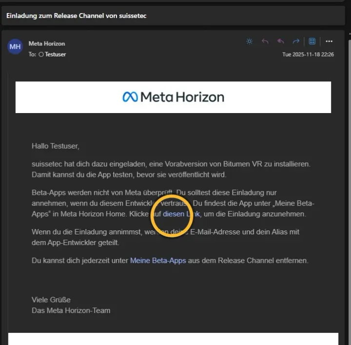 Die geöffnete E-Mail von Meta Horizon mit der Einladung. Markiert: «diesen Link».