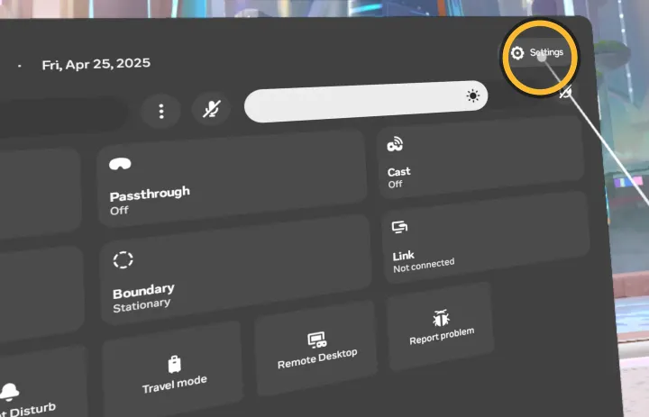 Schnelleinstellungen. Markiert: «Settings» oben rechts.