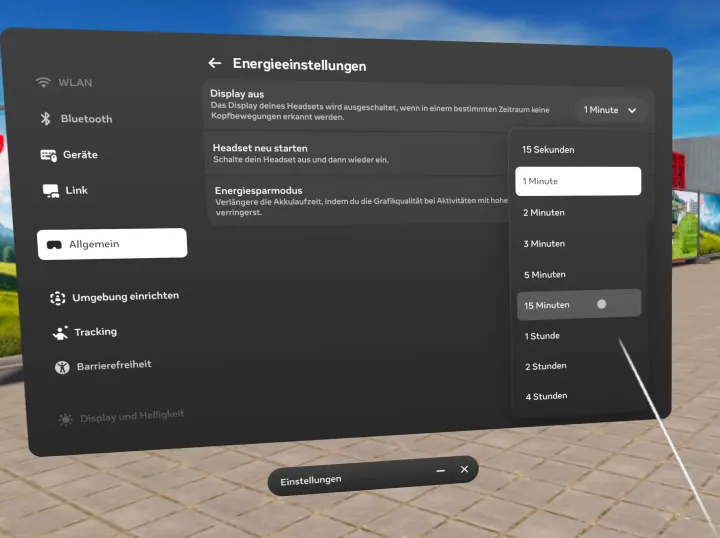 Energieeinstellungen mit der offenen Auswahl bei «Display aus», von 15 Sekunden bis 4 Stunden.