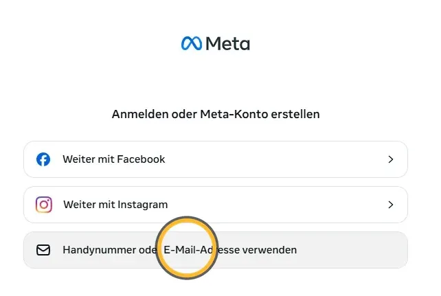 Anmeldeseite von Meta. Markiert: «Handynummer oder E-Mail-Adresse verwenden».