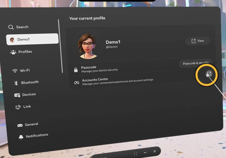 Seite des Kontos. Markiert: das Symbol rechts neben «Accounts Center».