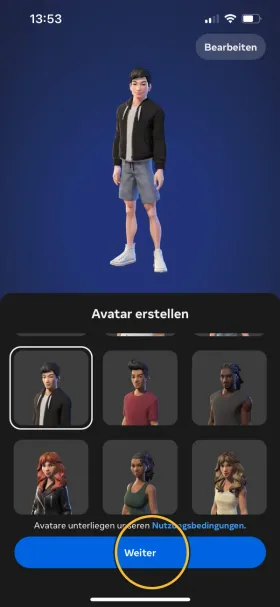 Auswahl eines Avatars. Markiert: «Weiter».