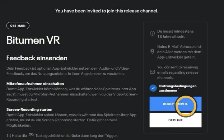 Das Häkchen ist gesetzt. Markiert: «ACCEPT INVITE».