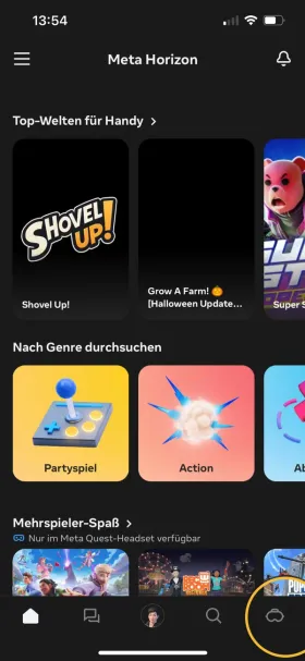 Startseite der Meta Horizon App. Markiert: das Symbol des VR-Headsets unten rechts.