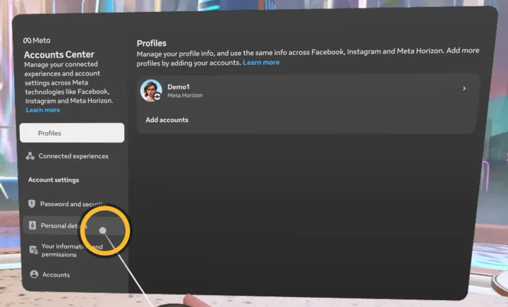 Kontoverwaltung von Meta. Markiert: «Personal details» in der linken Liste.