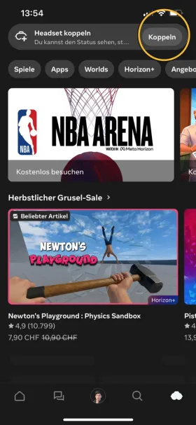 Oben auf der Startseite steht «Headset koppeln». Markiert: «Koppeln».