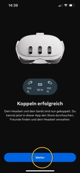 Die App zeigt «Koppeln erfolgreich» mit dem Akkustand von VR-Headset und Controllern. Markiert: «Weiter».
