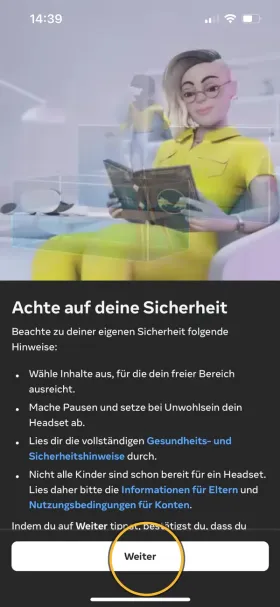 Hinweise «Achte auf deine Sicherheit». Markiert: «Weiter».