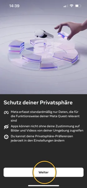 Hinweise «Schutz deiner Privatsphäre». Markiert: «Weiter».