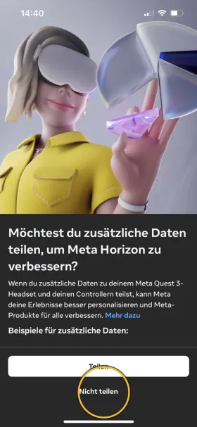 Frage, ob Sie zusätzliche Daten mit Meta teilen möchten. Markiert: «Nicht teilen».
