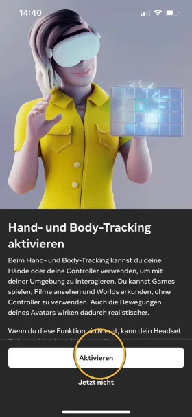 Hand- und Body-Tracking aktivieren. Markiert: «Aktivieren».