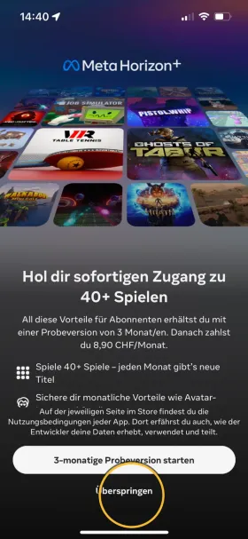 Angebot für ein Probeabo von Meta Horizon+. Markiert: «Überspringen».