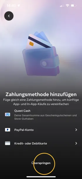 Zahlungsmethode hinzufügen. Markiert: «Überspringen».