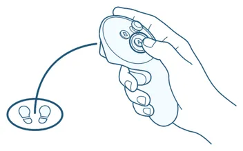 Eine Hand hält den rechten Controller und drückt mit dem Daumen die A-Taste. Ein Bogen führt zu einem Zielpunkt am Boden.